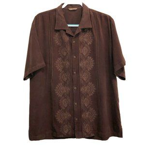 Tommy Bahama Embroidered Pleated Brown Silk Short Sleeve Button Shirt L